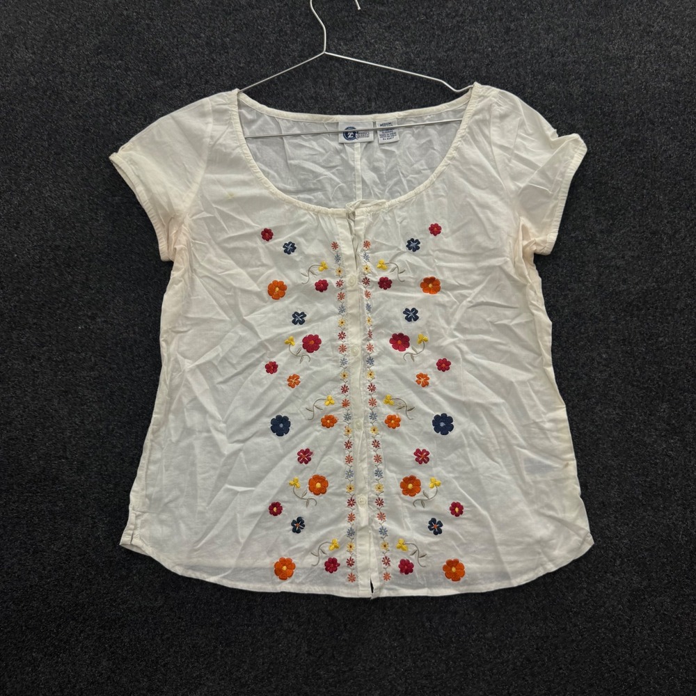 Vintage Arizona Jean Co Floral Embroidered Cotton Blouse White 90s Cottagecore M